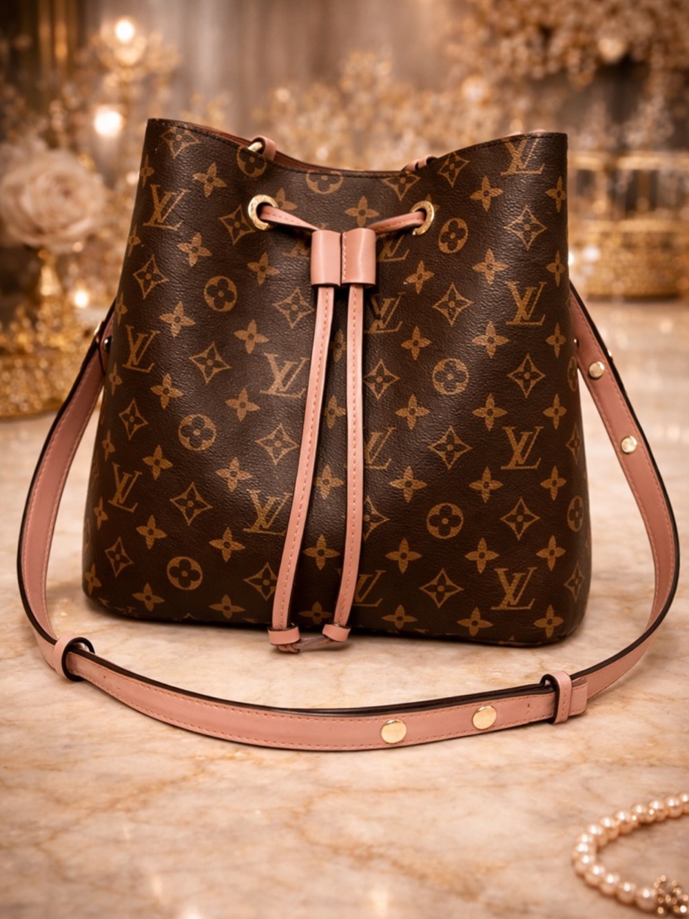 Fashion Designer BagMonogram Canvas Brown and Pink Drawstring Shoulder Bag